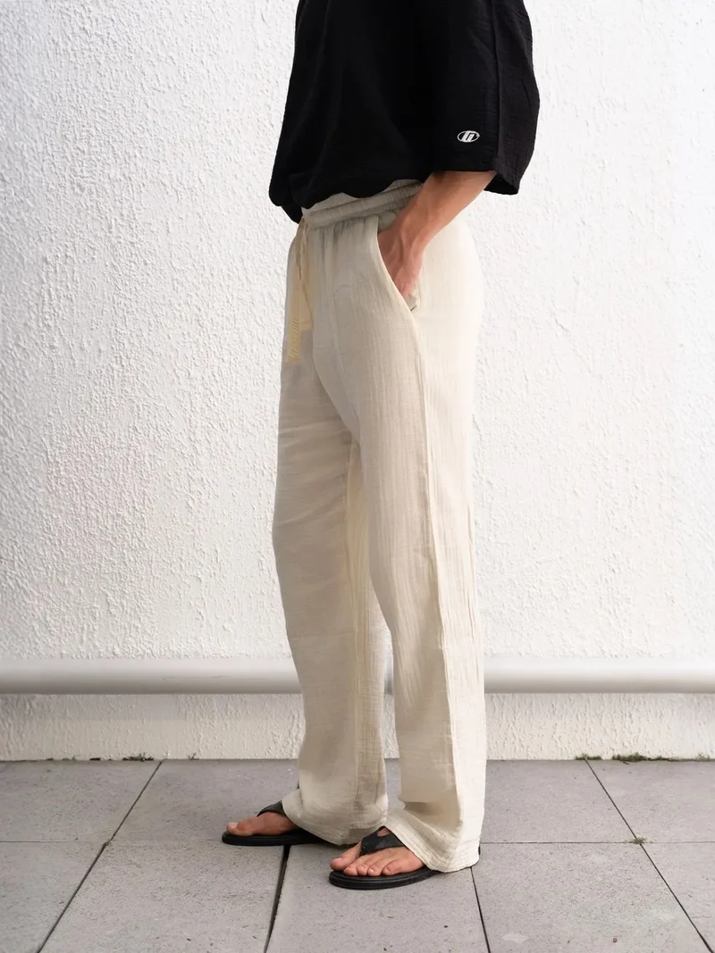 Giesto Dusty White GIESTO Relaxed Fit Textured Cotton Pants for Men | Best Price UAE